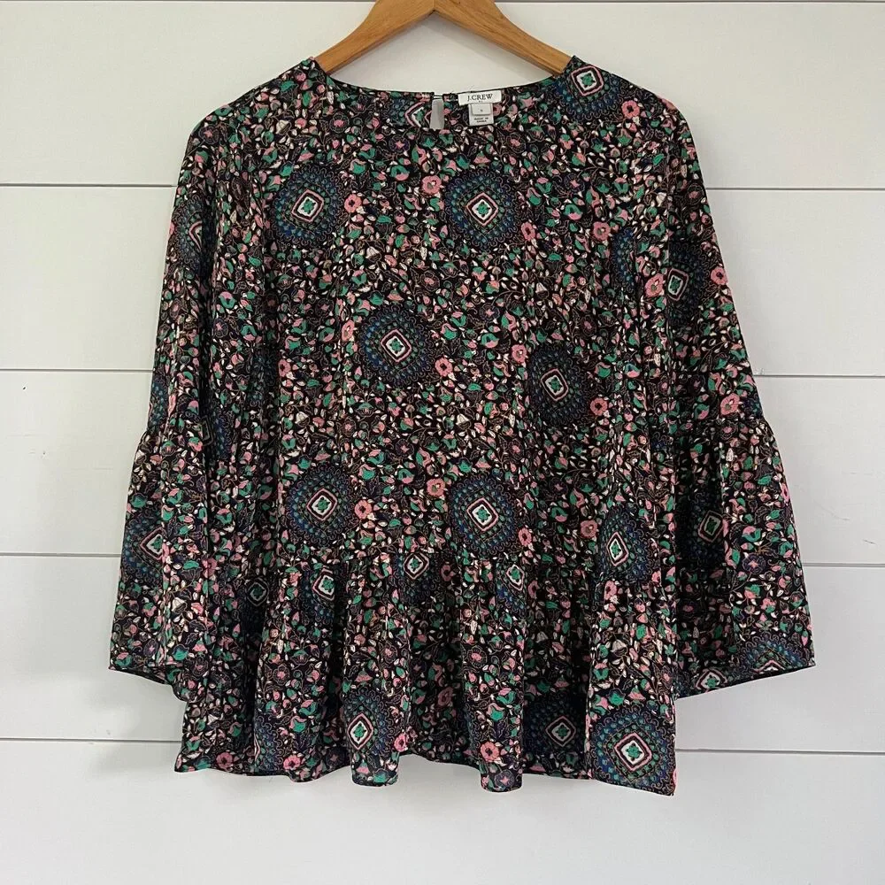 Peasant Blouse with Bell Sleeves Navy Multicolor J.Crew Women's Small